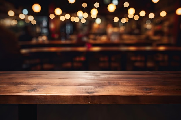 Arrière-plan flou dans un café ou un restaurant avec un ton sombre avec une table en bois vide au c