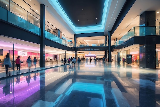Arrière-plan flou du centre commercial avec glitch RGB