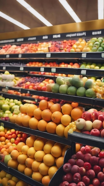 Arrière-plan flou étagère de fruits du supermarché arrière-plan bokeh flou