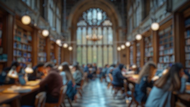 Photo arrière-plan flou de l'étudiant qui étudie et apprend la leçon à la bibliothèque spate