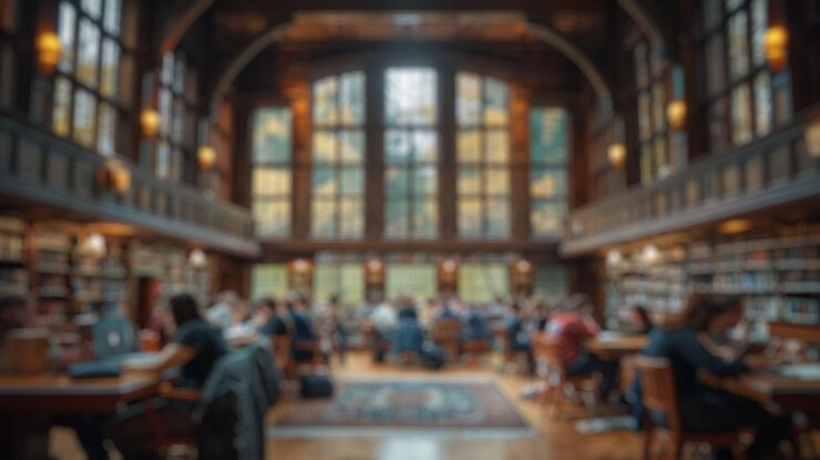 Photo arrière-plan flou de l'étudiant qui étudie et apprend la leçon à la bibliothèque spate