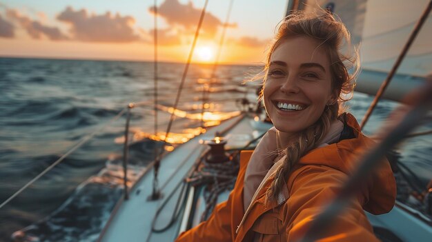 Arrière-plan flou avec une femme marin heureuse sur un voilier moderne souriant en regardant la caméra