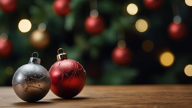 Photo arrière-plan flou festif avec une surface en bois vide arbre de noël étincelant avec des boules de noël