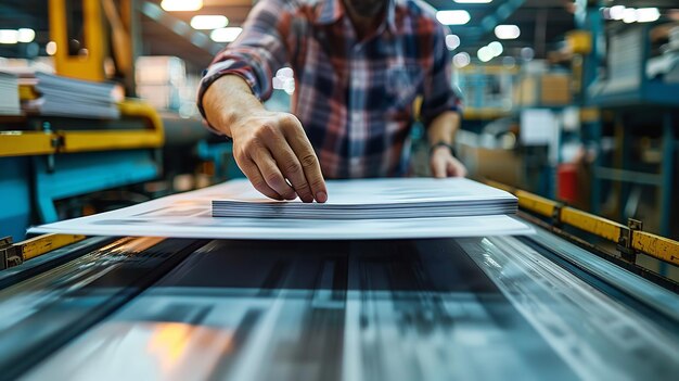 Photo arrière-plan flou avec un gros plan d'une personne vérifiant la qualité du papier avec un arrière-plan d'usine et un espace pour le texte ia générative