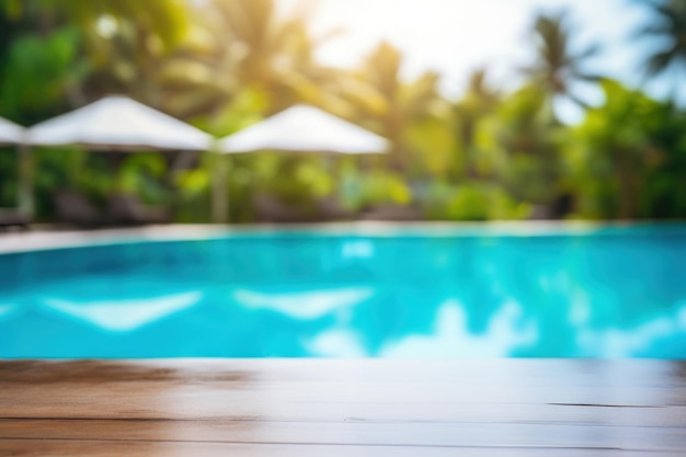 Arrière-plan flou tropical avec un dessus de table vide près de la piscine par une journée ensoleillée