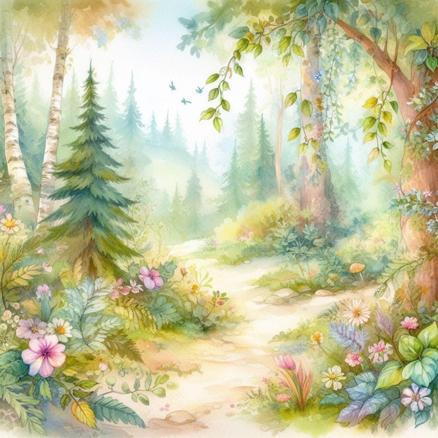 Arrière-plan de la forêt enchantée par l'aquarelle