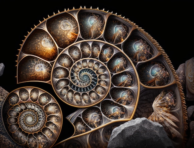 Arrière-plan fossile d'ammonite créé avec la technologie d'intelligence artificielle générative