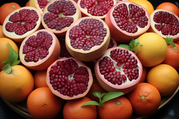 Un arrière-plan fruitier de grenades coupées, de raisins secs et d'oranges