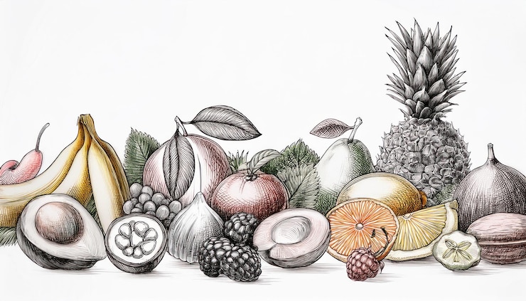 Photo arrière-plan de fruits dans le style de croquis avec des baies et des fruits tropicaux dessinés à la main