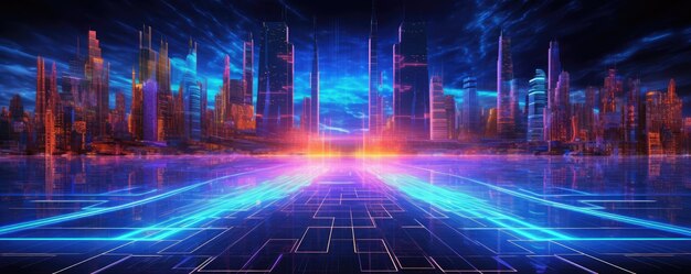 Arrière-plan futuriste avec néons lumineux et panorama d'éléments numériques