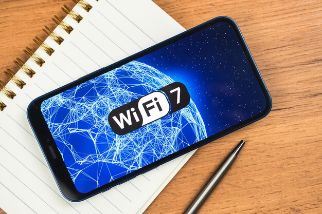 Photo arrière-plan de génération wi-fi 7, gros plan d'icône. smartphone prenant en charge la nouvelle technologie wi-fi pour la communication, la photo d'entreprise