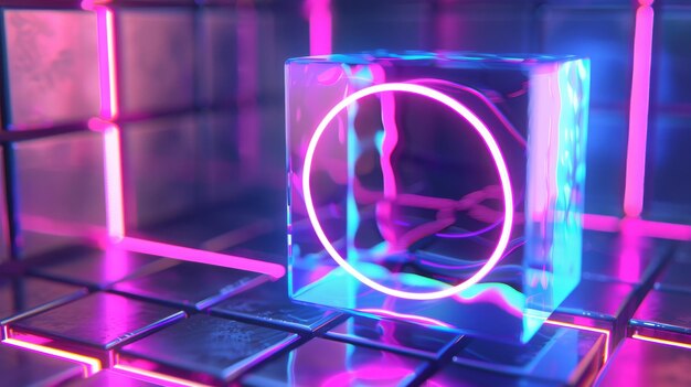 Arrière-plan géométrique abstrait anneau de néon rose entourant un cube métallique iridescent avec des hologrammes holographiques