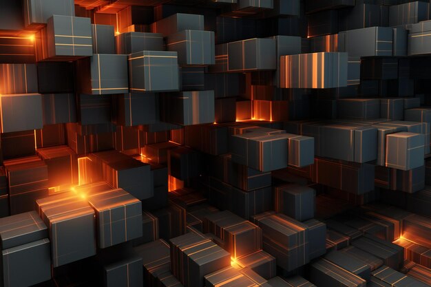 Arrière-plan géométrique abstrait avec des cubes lumineux en noir et orange