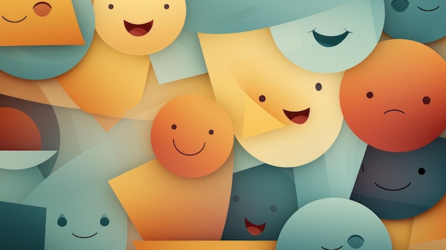 Un arrière-plan géométrique avec des formes emoji surdimensionnées dans des couleurs douces