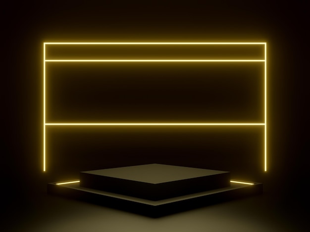 Arrière-plan géométrique noir rendu en 3D avec des lumières au néon dorées Maquette de produit
