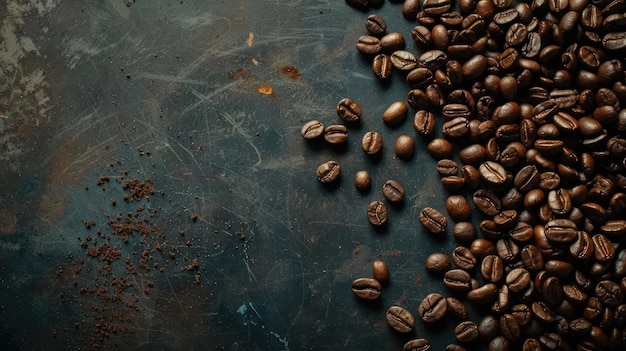 Arrière-plan de grains de café bruns aromatiques éparpillés sur la surface vue de haut