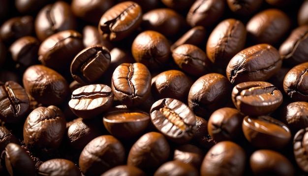 Arrière-plan de grains de café torréfiés, riches et aromatiques Vue rapprochée de la texture des grains de coffee frais