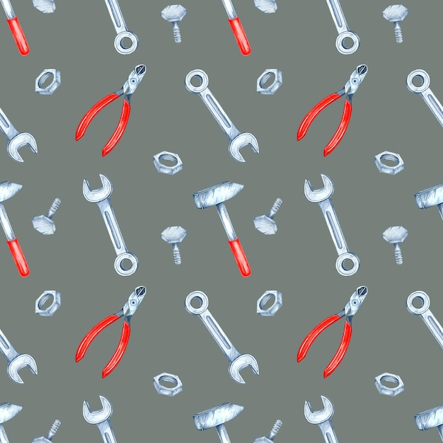 Arrière-plan gris vert avec des clés à aquarelle et des pinces rouges dans un motif sans couture Clipart d'outils matériels pour l'emballage de cadeaux