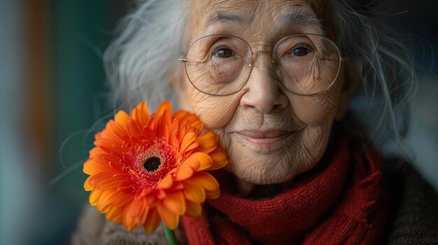 Arrière-plan gris avec une vieille femme joyeuse tenant une fleur près de son visage