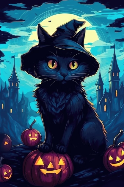Arrière-plan d'Halloween avec un chat noir et des citrouilles Illustration vectorielle IA générative