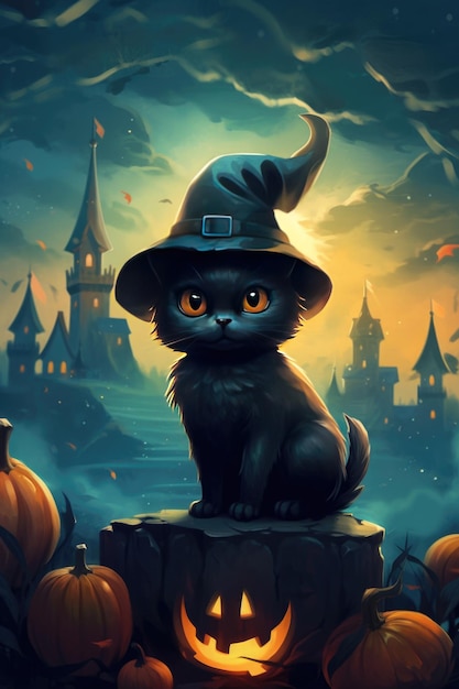 Arrière-plan d'Halloween avec un chat noir dans le chapeau de witch039s AI générative