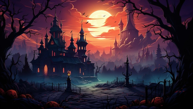 Arrière-plan d'Halloween avec un château effrayant et la lune