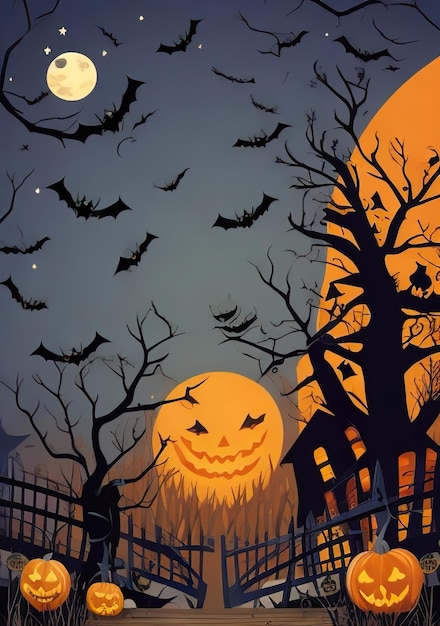 Photo arrière-plan d'halloween avec des chauves-souris et des citrouilles ai générative
