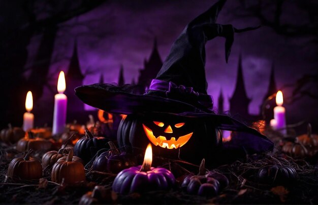 Arrière-plan d'Halloween citrouille confiante yeux violets orange dans un chapeau de sorcière et des bougies