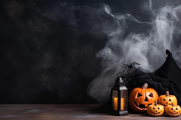 Arrière-plan d'Halloween avec des citrouilles, des araignées et des bougies sur une table en bois