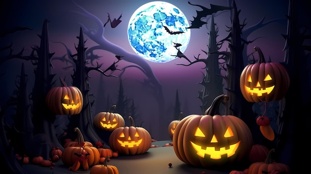 Arrière-plan d'Halloween avec des citrouilles effrayantes, des bougies et des chauves-souris dans une forêt sombre la nuit.