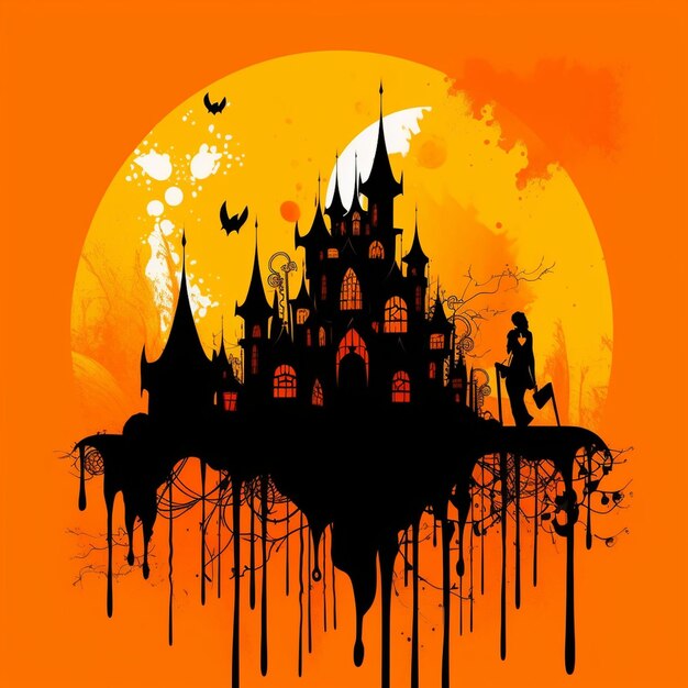 Arrière-plan d'Halloween avec des citrouilles effrayantes bougies dans le cimetière la nuit avec un fond de château