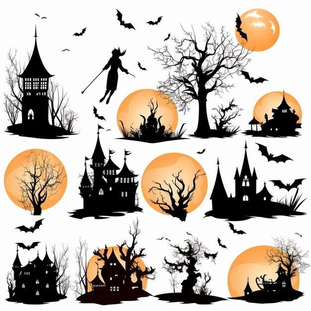 Arrière-plan d'Halloween avec des citrouilles effrayantes bougies dans le cimetière la nuit avec un fond de château