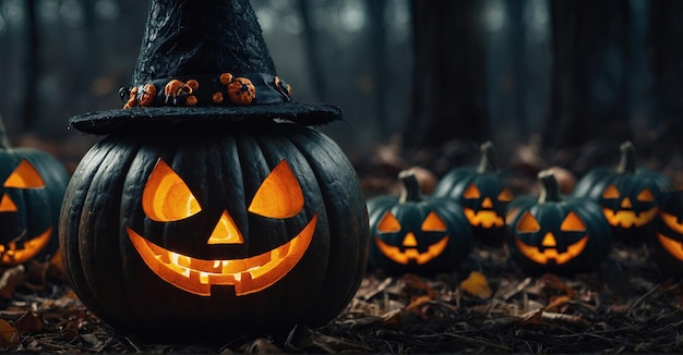 Arrière-plan d'Halloween avec des citrouilles effrayantes dans une forêt sombre la nuit