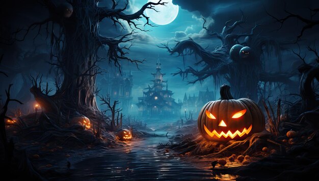 Arrière-plan d'Halloween avec des citrouilles effrayantes dans la forêt sombre la nuit