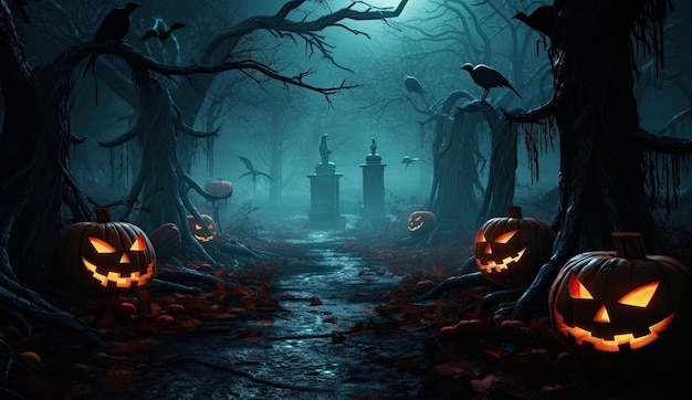 Arrière-plan d'Halloween avec des citrouilles effrayantes dans la forêt sombre rendu 3D