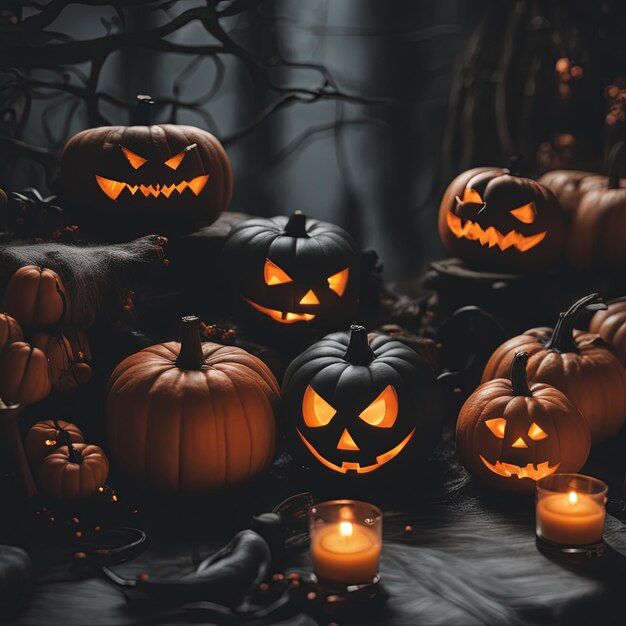 Photo arrière-plan d'halloween avec des citrouilles effrayantes