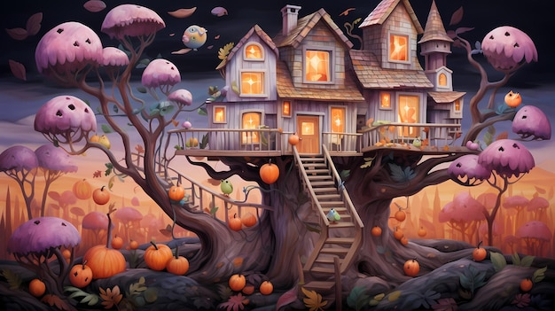 Arrière-plan d'Halloween avec des citrouilles et une maison d'arbre nichée haut dans un arbre