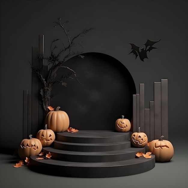 Arrière-plan d'Halloween avec des citrouilles sur le podium 3D render AI Illustration générative Podium pour prod
