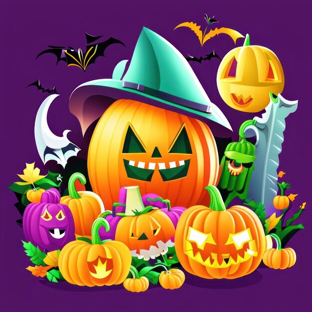 Photo arrière-plan d'halloween avec des citrouilles, des sorcières et des chauves-souris ai générative