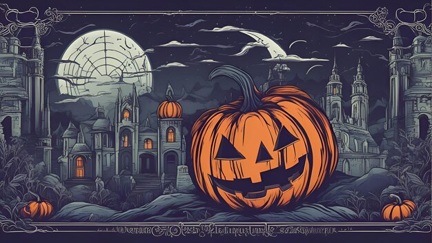 Arrière-plan d'Halloween avec des citrouilles et la vieille ville Illustration vectorielle