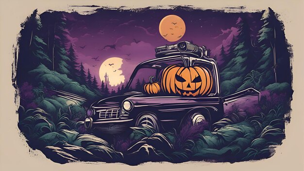 Photo arrière-plan d'halloween avec des citrouilles et une voiture dans la forêt illustration vectorielle