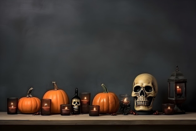 Arrière-plan d'Halloween avec des crânes, des citrouilles et des bougies