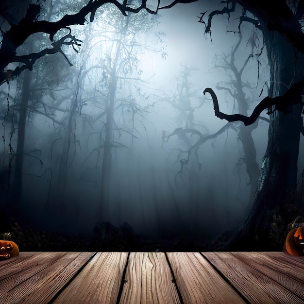 Arrière-plan d'Halloween Forêt effrayante avec des arbres morts et des citrouilles et une table en bois