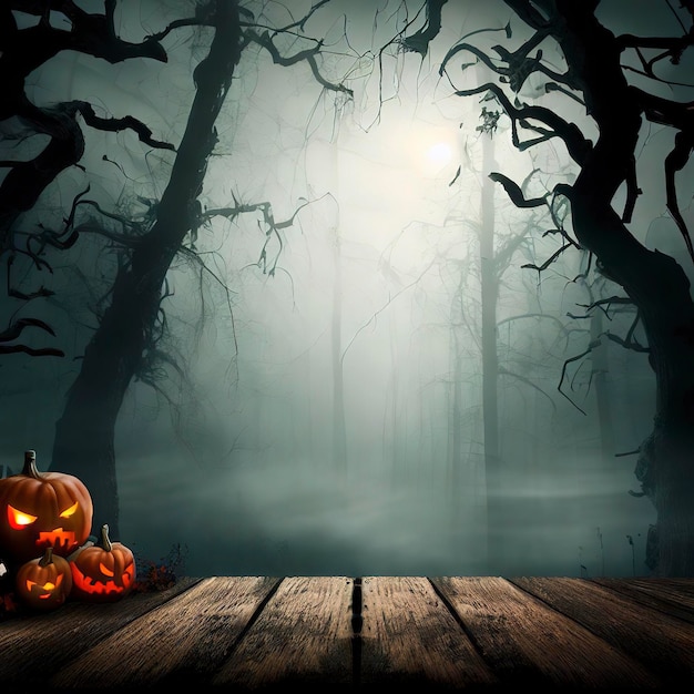 Arrière-plan d'Halloween Forêt effrayante avec des arbres morts et des citrouilles et une table en bois