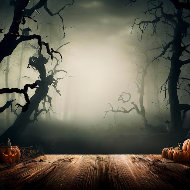 Arrière-plan d'Halloween Forêt effrayante avec des arbres morts et des citrouilles et une table en bois