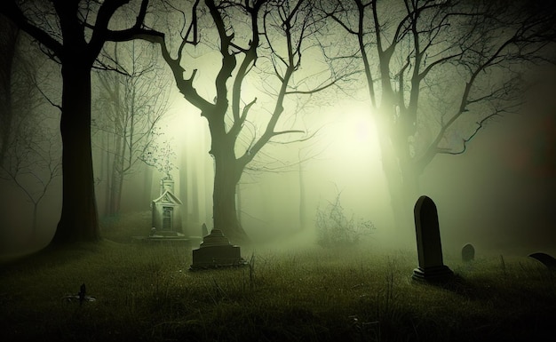 Arrière-plan d'Halloween, illustration numérique d'une maison hantée victorienne dans une forêt dense et fantasmagorique