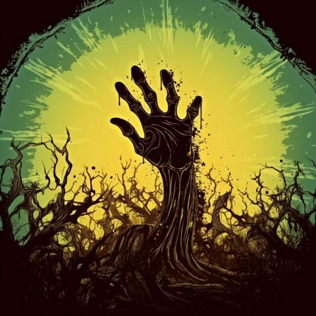Photo arrière-plan d'halloween avec une main de zombie qui éclate du sol