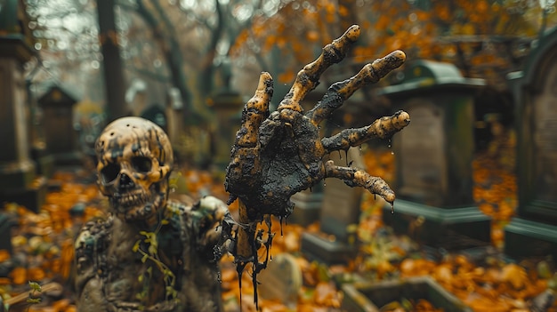 Arrière-plan d'Halloween Des mains de squelettes de zombies émergeant d'un cimetière