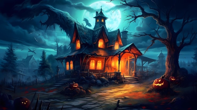 Arrière-plan d'Halloween avec une maison hantée, une forêt effrayante et la pleine lune.