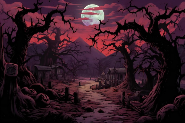Arrière-plan d'Halloween avec une maison hantée et une illustration de lune pleine pour les enfants